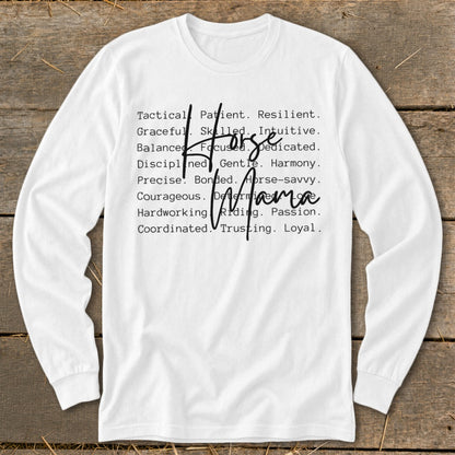 White long-sleeved shirt with black text listing traits for "Horse Mama".