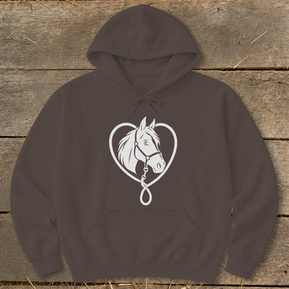 A dark brown hooded sweatshirt with a white graphic of a horse head inside a heart shape on the chest.