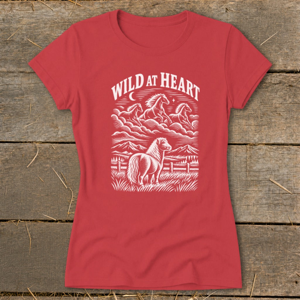 Red t-shirt with "Wild at Heart" text and white horse graphic.