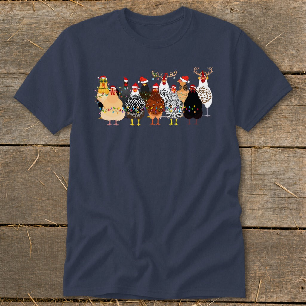 T-shirt with a festive print of chickens wearing Santa hats and Christmas lights.