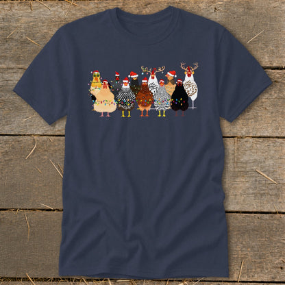 T-shirt with a festive print of chickens wearing Santa hats and Christmas lights.