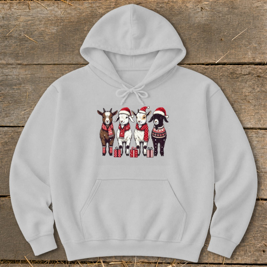 Four cartoon goats in Santa hats and sweaters with presents, printed on a grey hoodie.