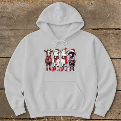 Four cartoon goats in Santa hats and sweaters with presents, printed on a grey hoodie.