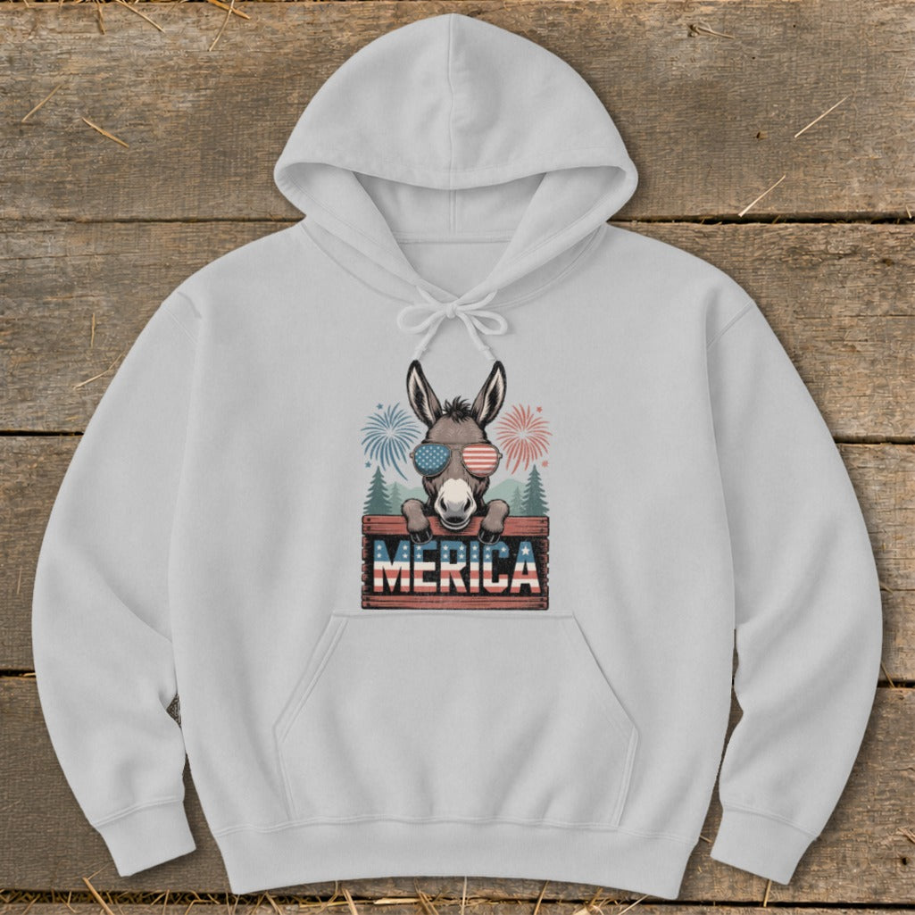Donkey wearing sunglasses and holding "MERICA" sign with fireworks and trees.