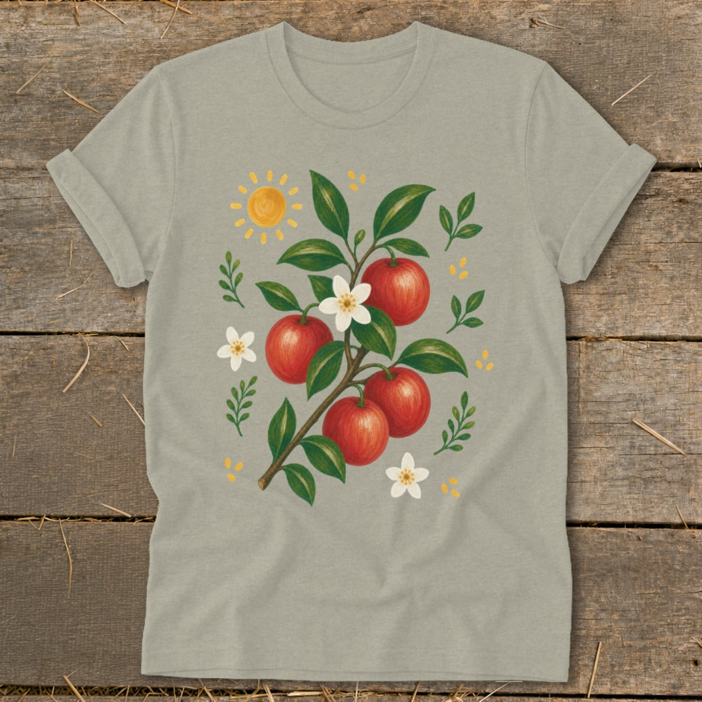 T-shirt with illustration of apples, leaves, flowers, and sun.
