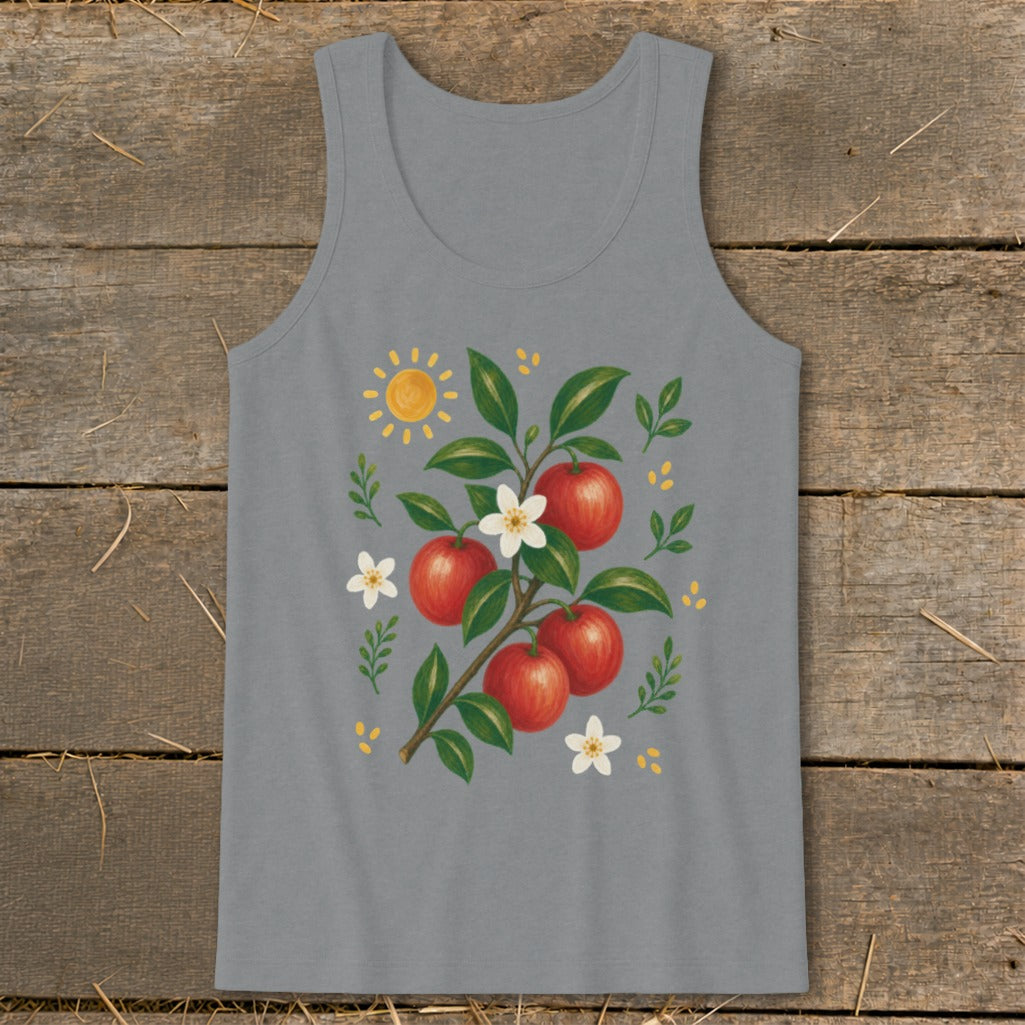 Grey tank top with an illustration of a branch of red apples, white flowers, and a sun.