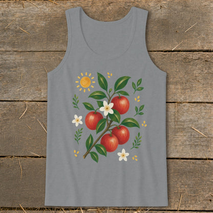 Grey tank top with an illustration of a branch of red apples, white flowers, and a sun.