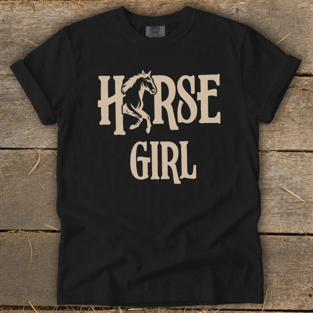 Black t-shirt with cream text "HORSE GIRL" and a running horse graphic.