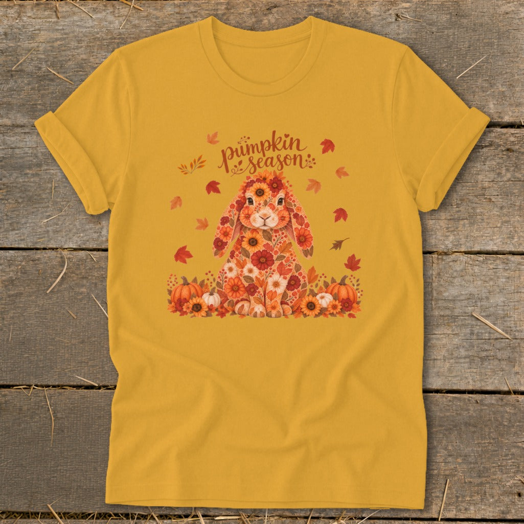 Yellow t-shirt with a floral bunny design and "pumpkin season" text.