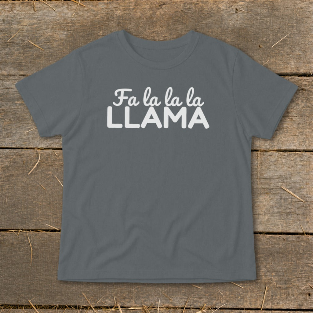 Gray t-shirt with white text "Fa la la la LLAMA".