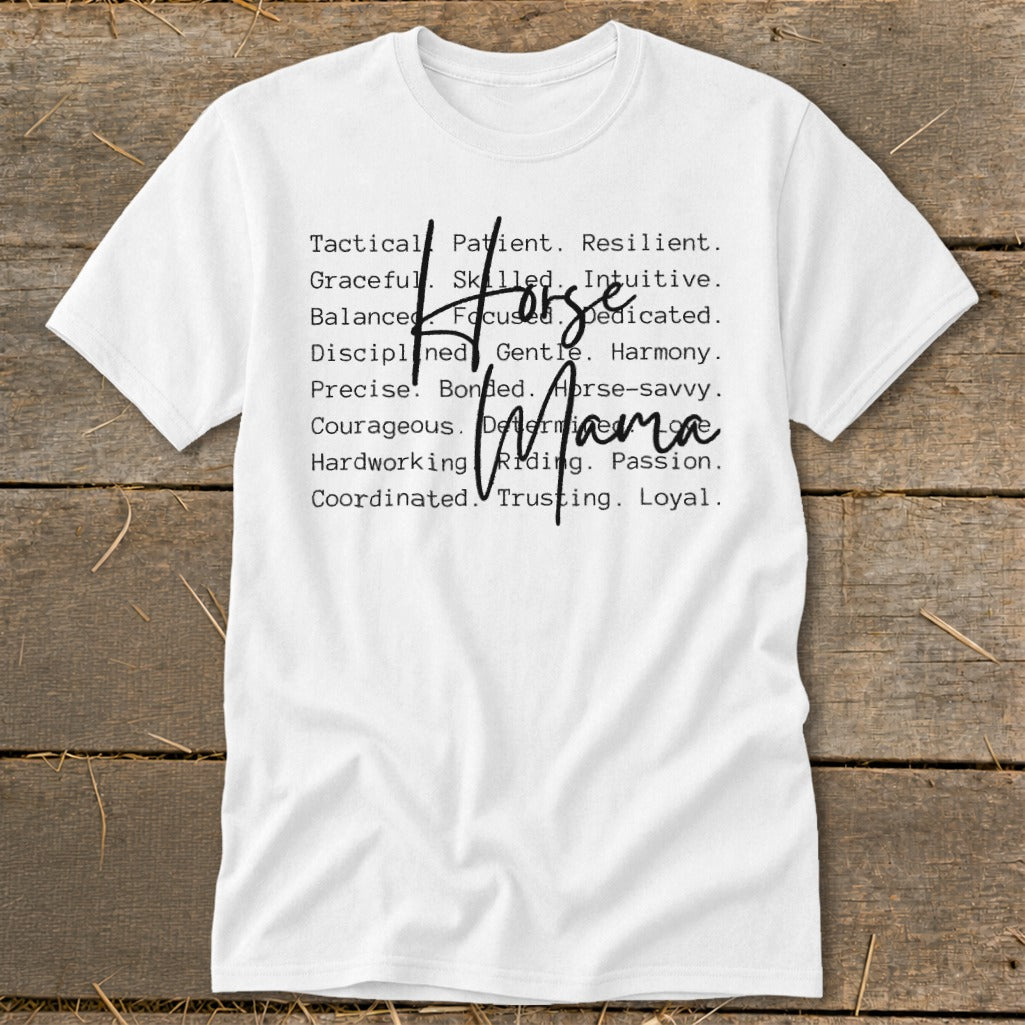 White t-shirt with "Horse Mama" text and descriptive words.
