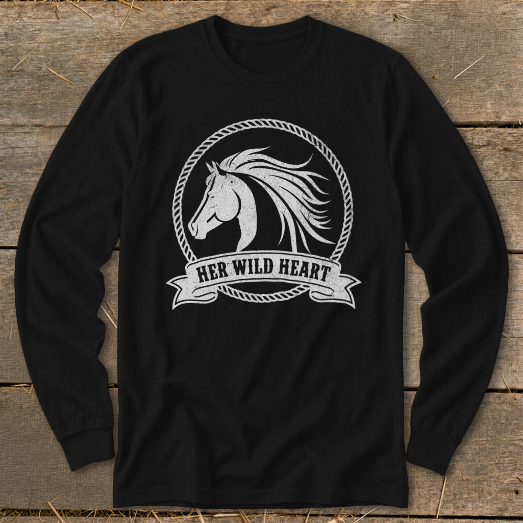 Black long-sleeve shirt with white horse and rope emblem, "Her Wild Heart" text.