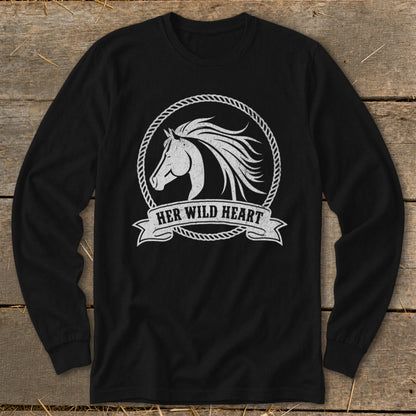 Black long-sleeve shirt with white horse and rope emblem, "Her Wild Heart" text.
