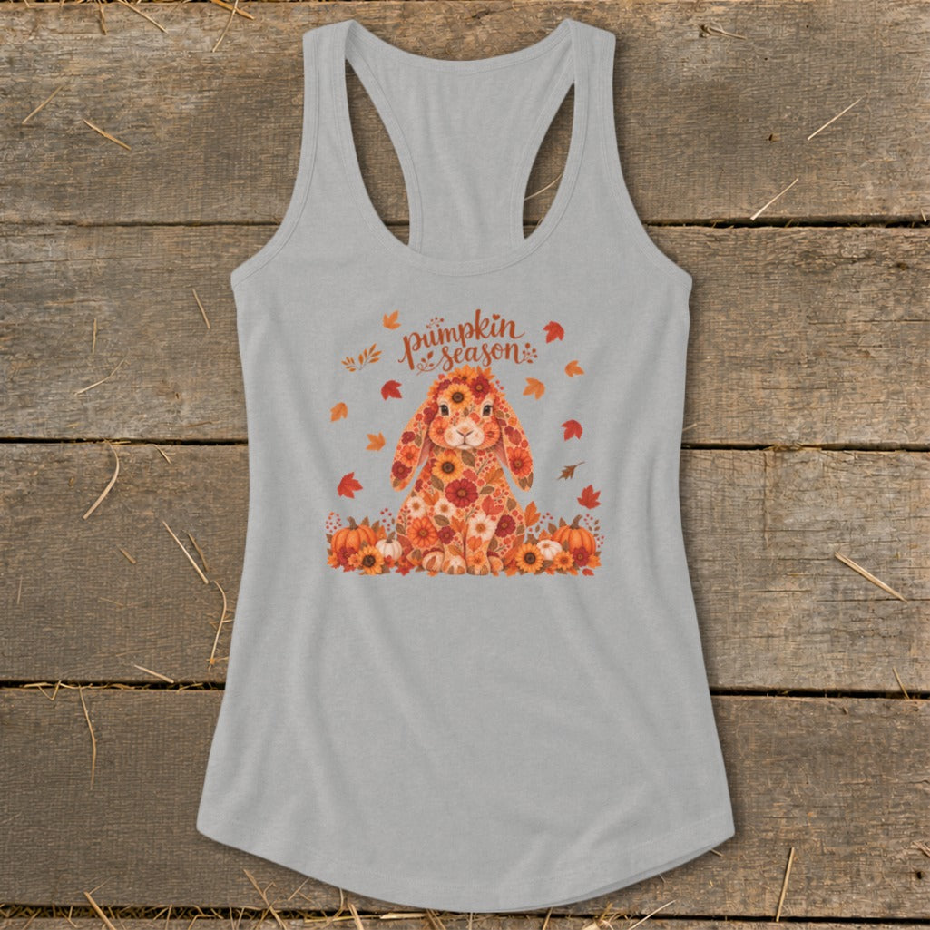 Gray tank top with floral bunny and "pumpkin season" text, surrounded by fall leaves and pumpkins.