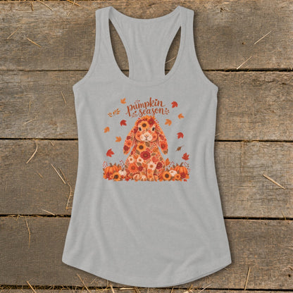 Gray tank top with floral bunny and "pumpkin season" text, surrounded by fall leaves and pumpkins.