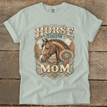 Horse Show Mom graphic with horse, ribbon, and desert landscape.