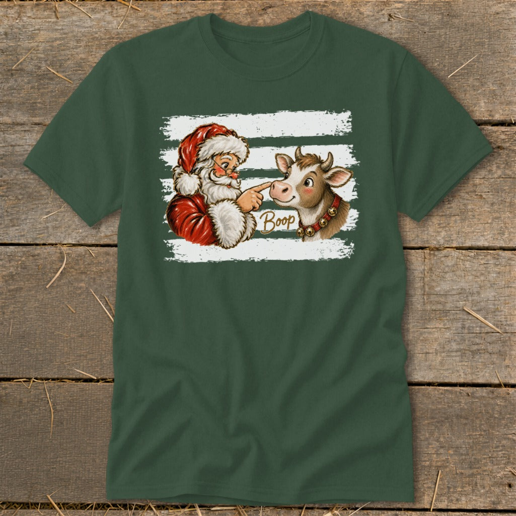 Santa booping a cow on the nose with "Boop" text against distressed white stripes.