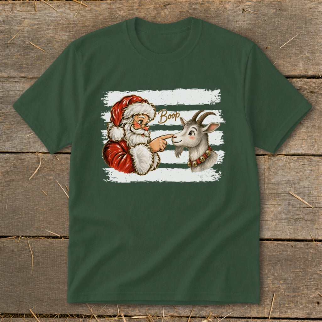 Santa booping a goat's nose, with the word "Boop" above.
