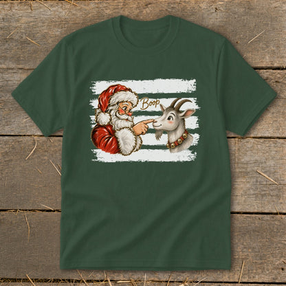 Santa booping a goat's nose, with the word "Boop" above.