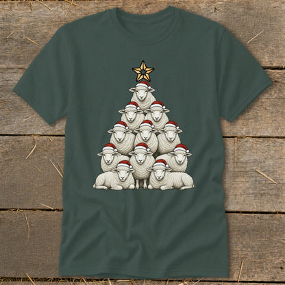 Sheep arranged in a Christmas tree shape wearing Santa hats, topped with a star.