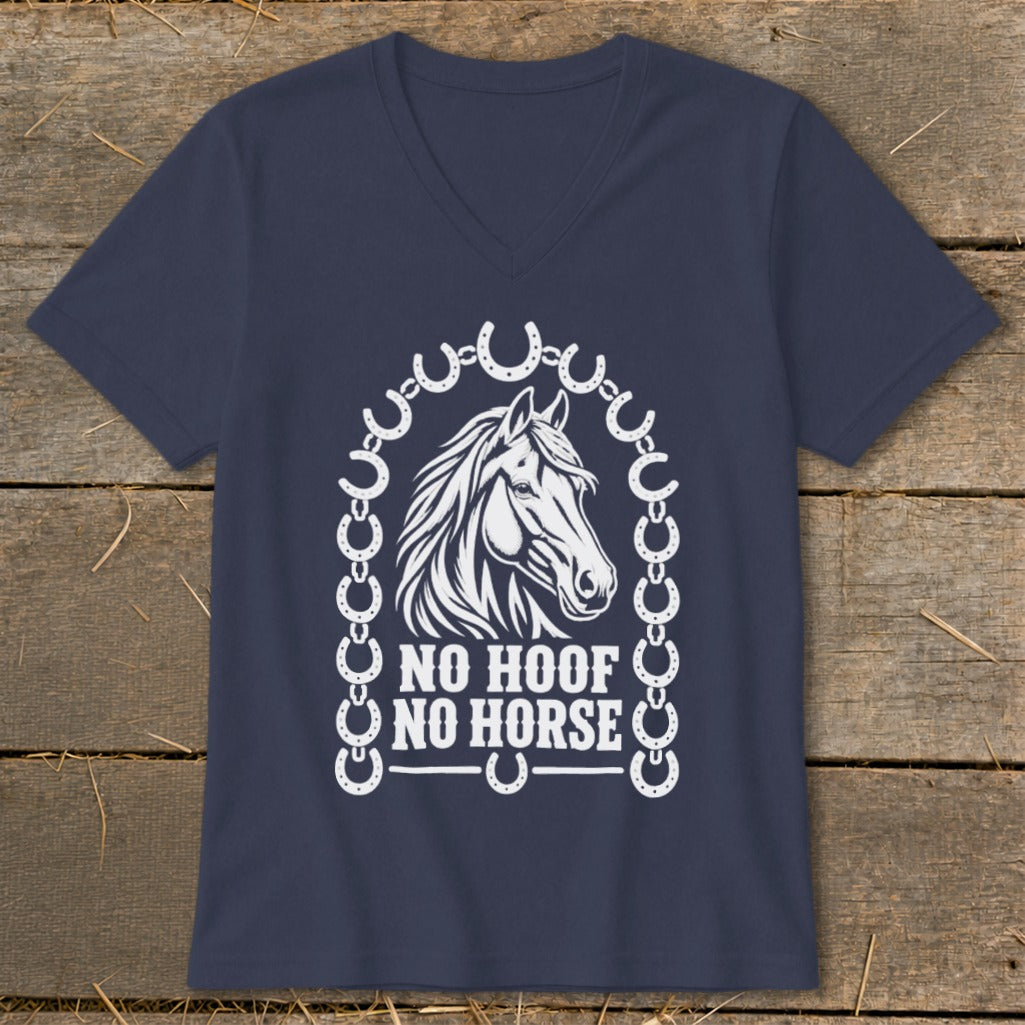 Dark blue v-neck shirt with white horse head, horseshoes, and text "NO HOOF NO HORSE".