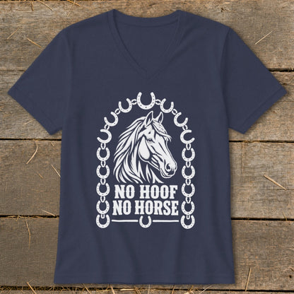 Dark blue v-neck shirt with white horse head, horseshoes, and text "NO HOOF NO HORSE".