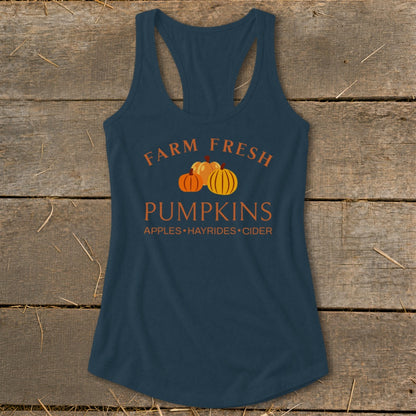 Navy tank top with "Farm Fresh Pumpkins Apples Hayrides Cider" text and pumpkins.