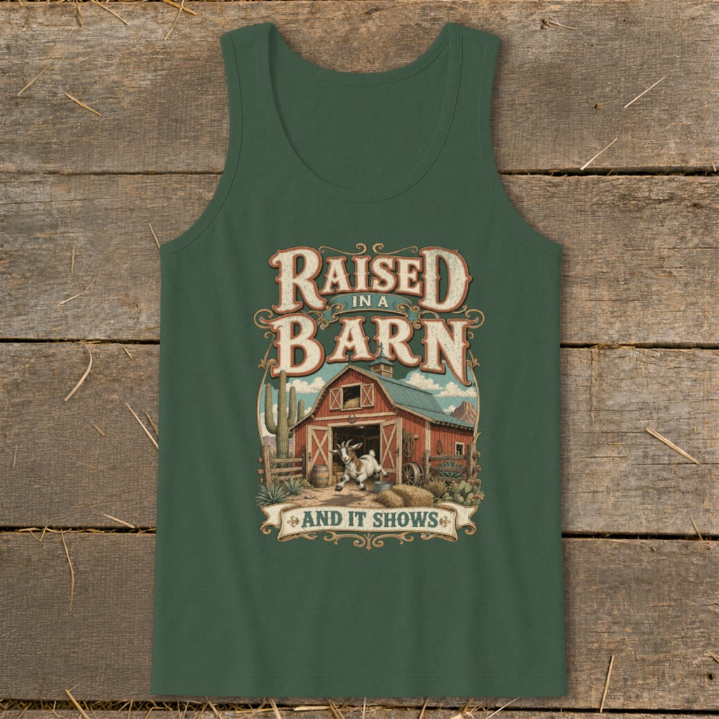 Raised in a Barn and It Shows graphic with a goat and barn scene.