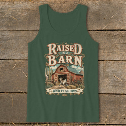 Raised in a Barn and It Shows graphic with a goat and barn scene.