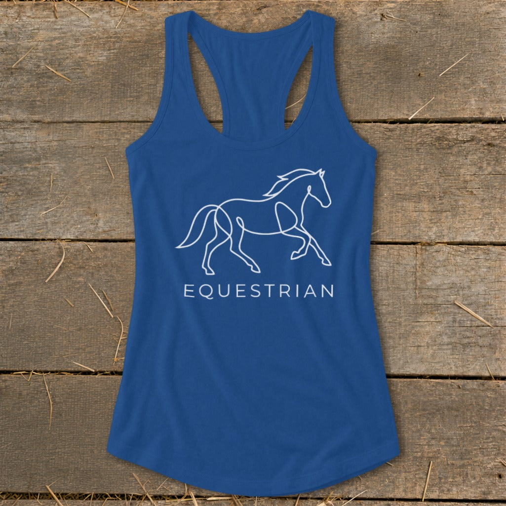 Blue tank top with white line drawing of a running horse and "EQUESTRIAN" text.