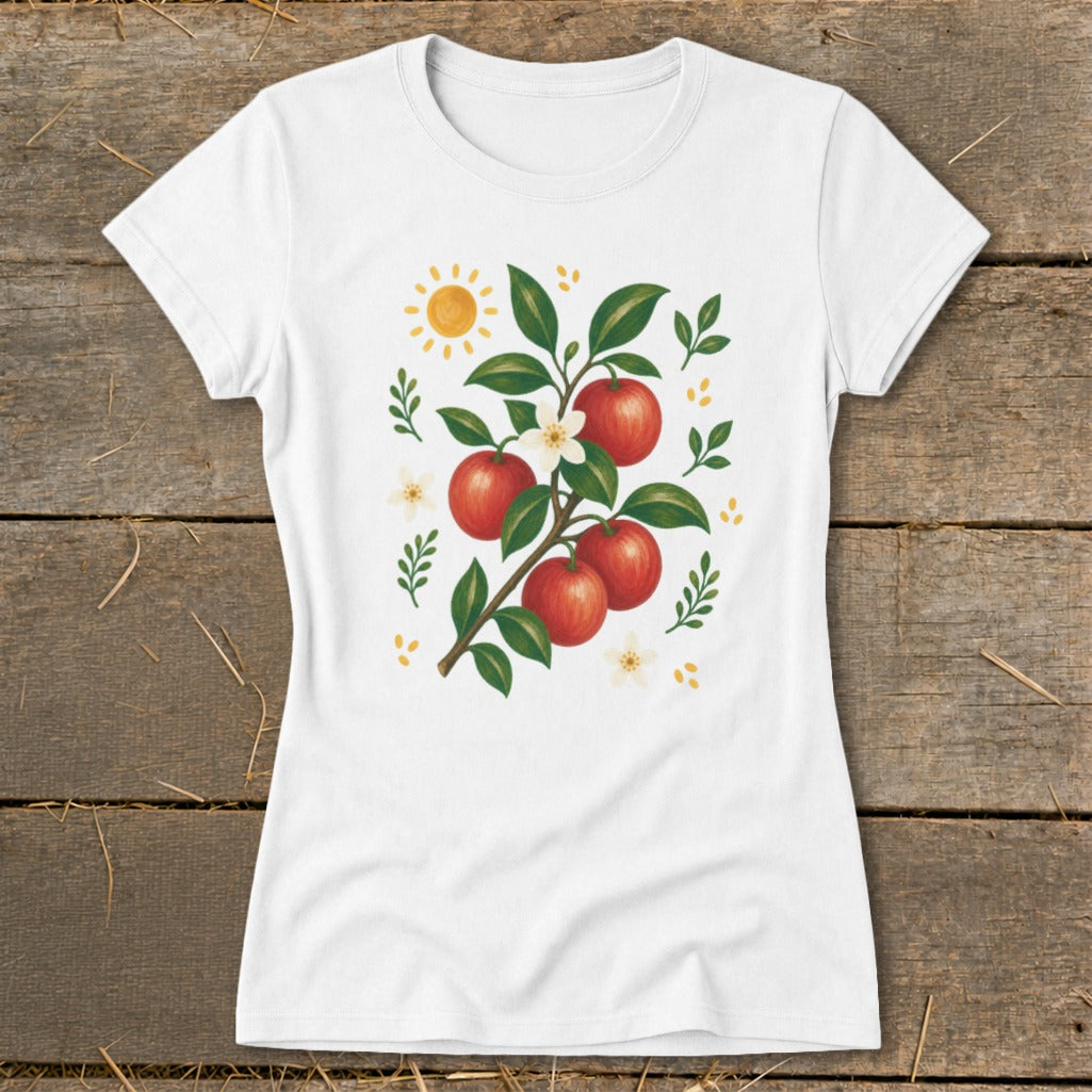 White t-shirt with illustration of apples on a branch with flowers and sun.