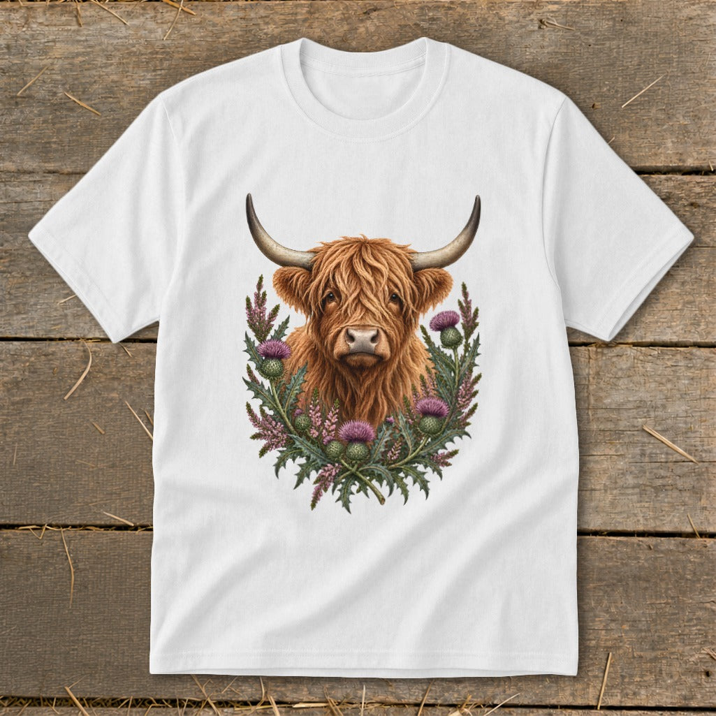 White t-shirt with Highland cow illustration surrounded by thistles.
