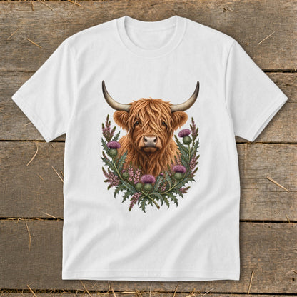 White t-shirt with Highland cow illustration surrounded by thistles.