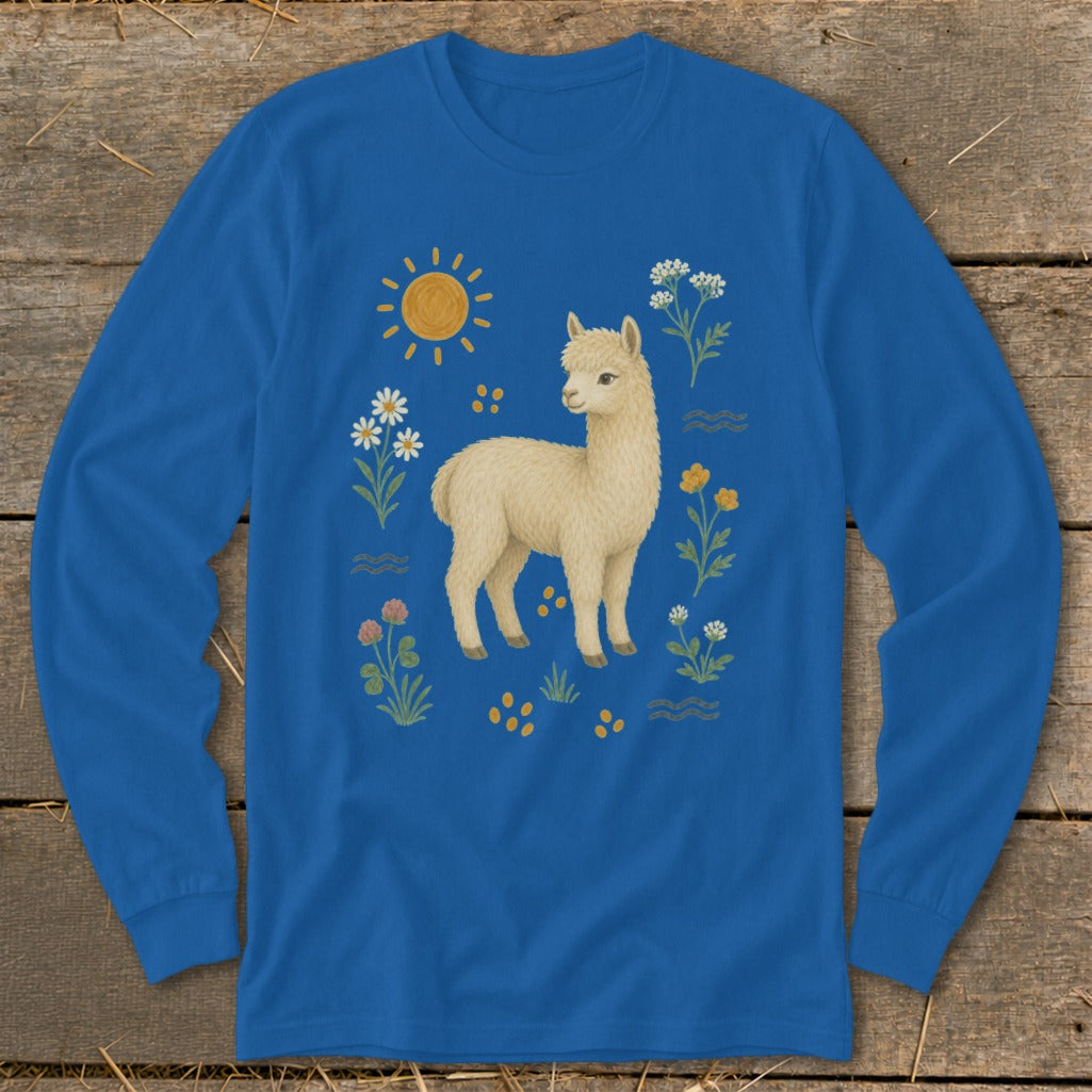 Blue long-sleeve t-shirt with a cream alpaca and a sun surrounded by flowers.