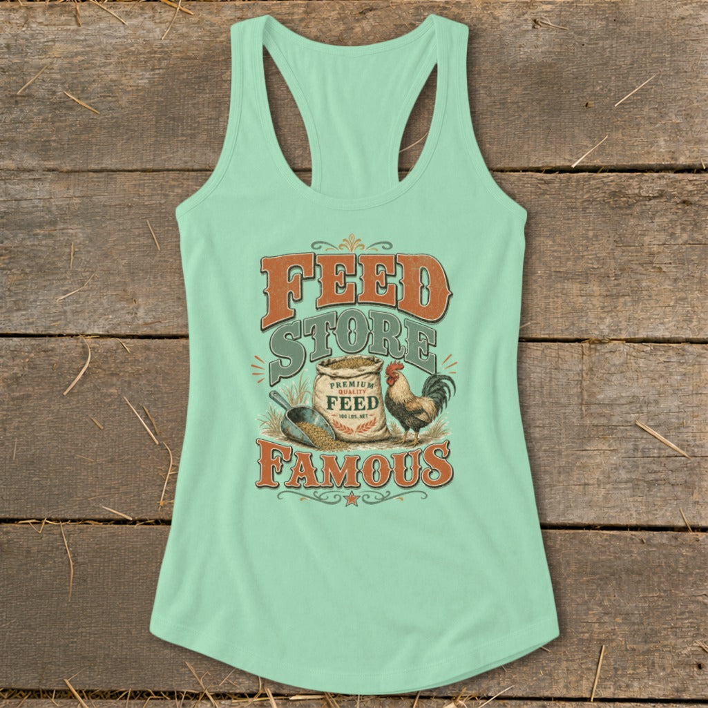 Light teal tank top with "Feed Store Famous" graphic featuring a rooster and bag of feed.
