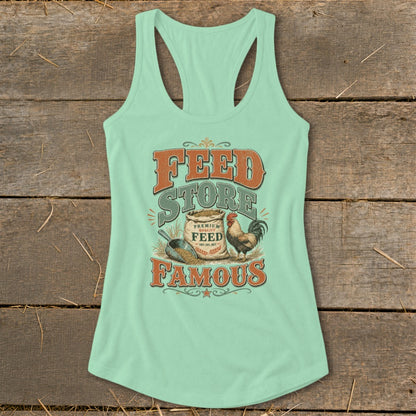 Light teal tank top with "Feed Store Famous" graphic featuring a rooster and bag of feed.
