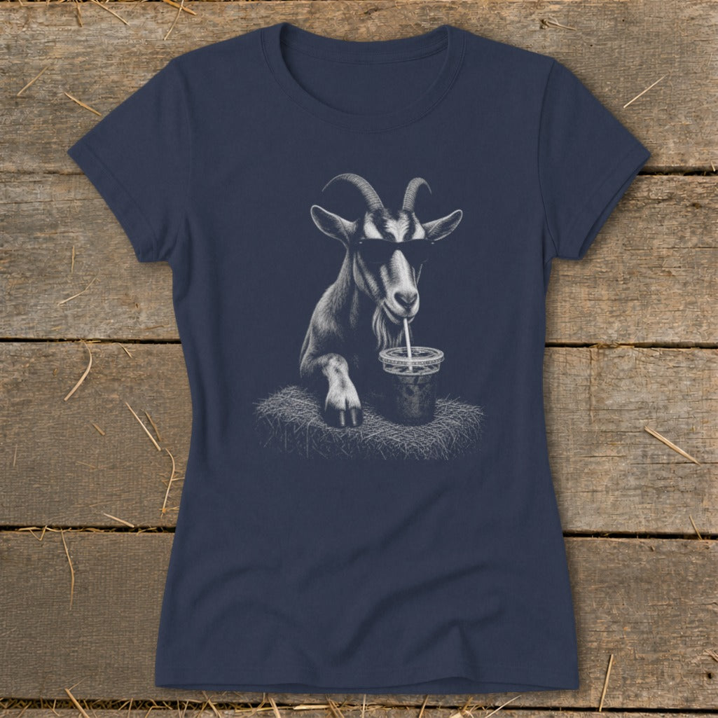 Dark blue t-shirt with a graphic of a goat wearing sunglasses drinking from a straw.
