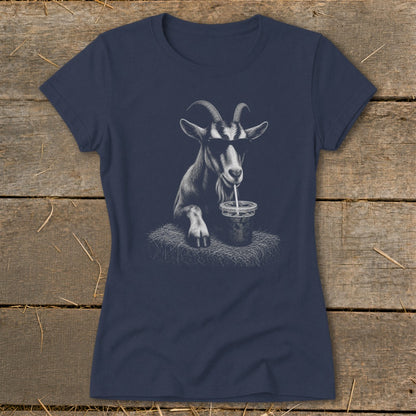 Dark blue t-shirt with a graphic of a goat wearing sunglasses drinking from a straw.