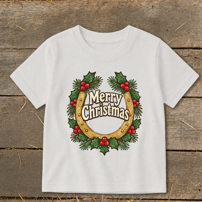 White t-shirt with a horseshoe wreath and "Merry Christmas" text.