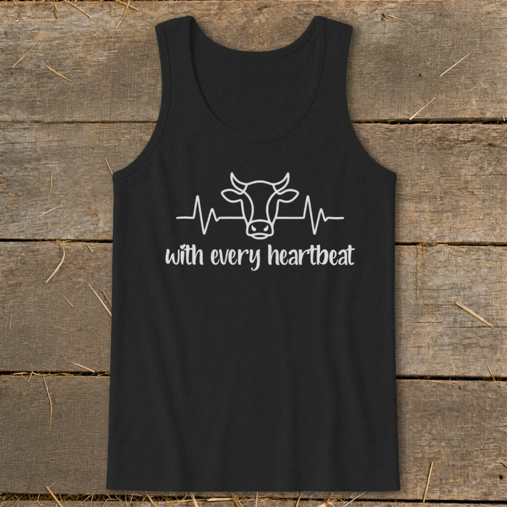 Black tank top with white cow head graphic and "with every heartbeat" text.
