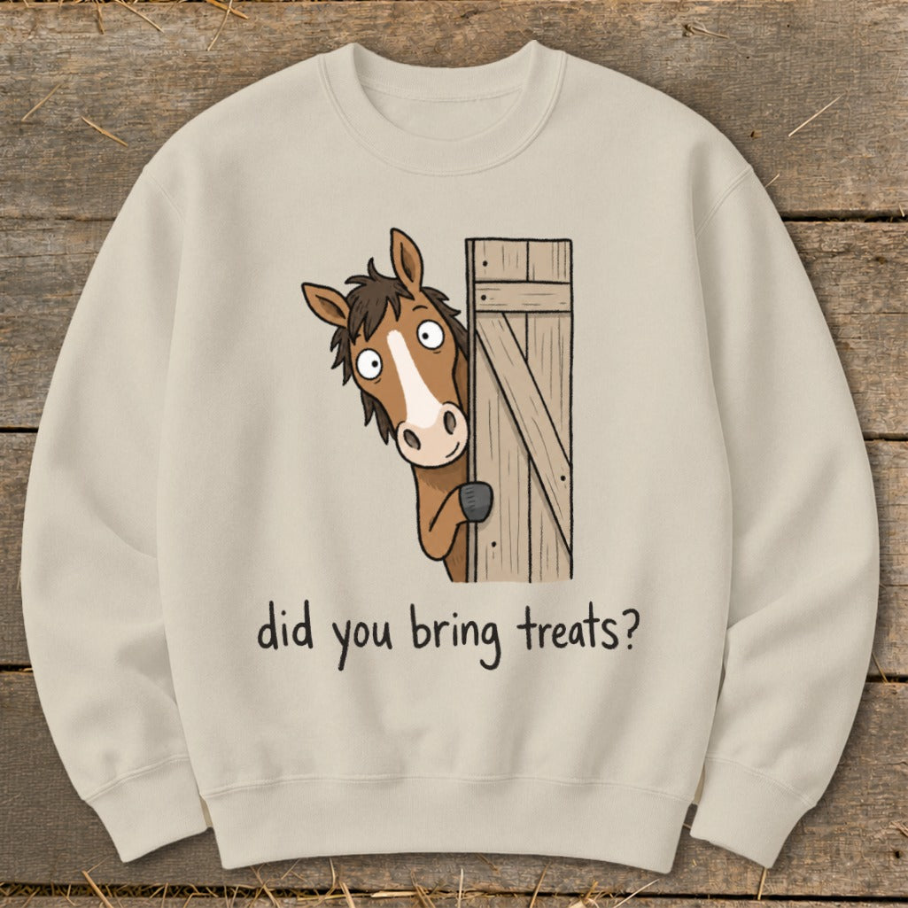 Cartoon horse peeking from a wooden door asking "did you bring treats?"