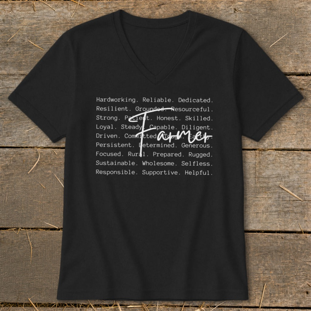 Black v-neck shirt with text listing farmer attributes and the word "Farmer".