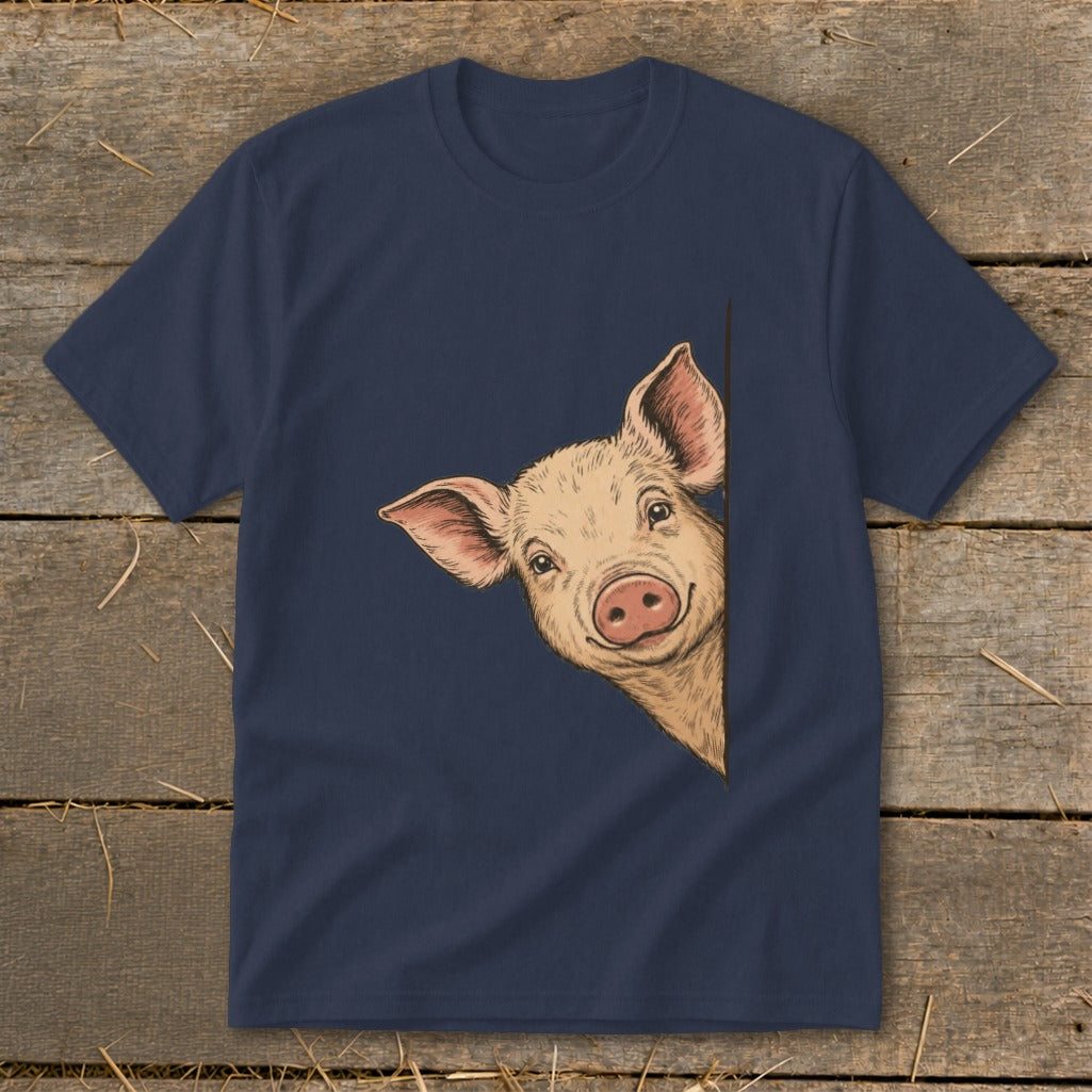 Navy t-shirt with a drawing of a pig peeking around the side.