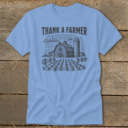 Light blue t-shirt with "THANK A FARMER" text and a farm scene graphic.