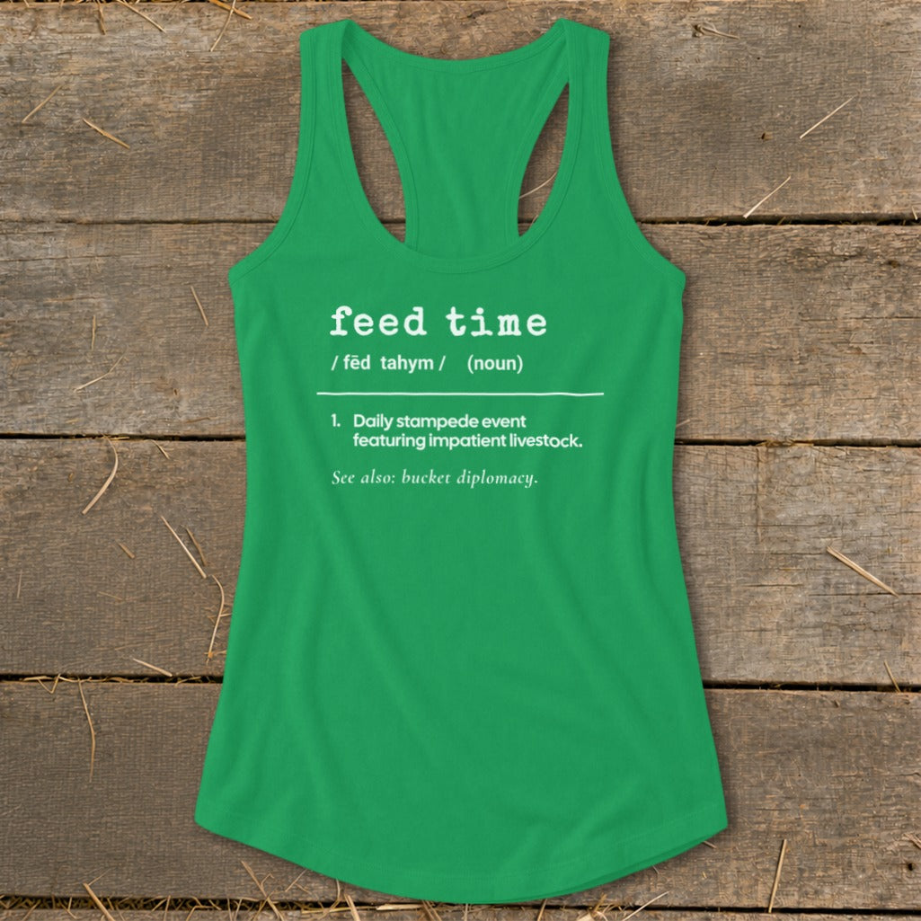 Green tank top with "feed time" definition in white text.