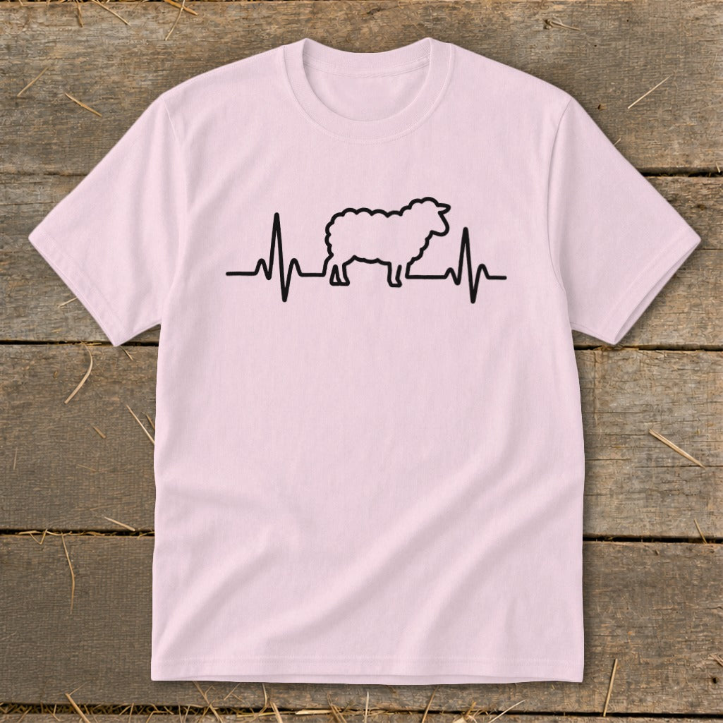 A light pink t-shirt featuring a black heart rate monitor line with a sheep silhouette in the center.