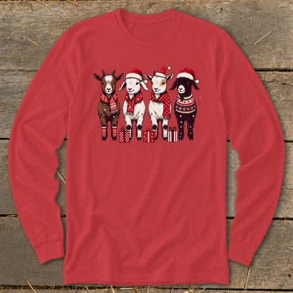 Four goats in festive holiday attire stand with presents.