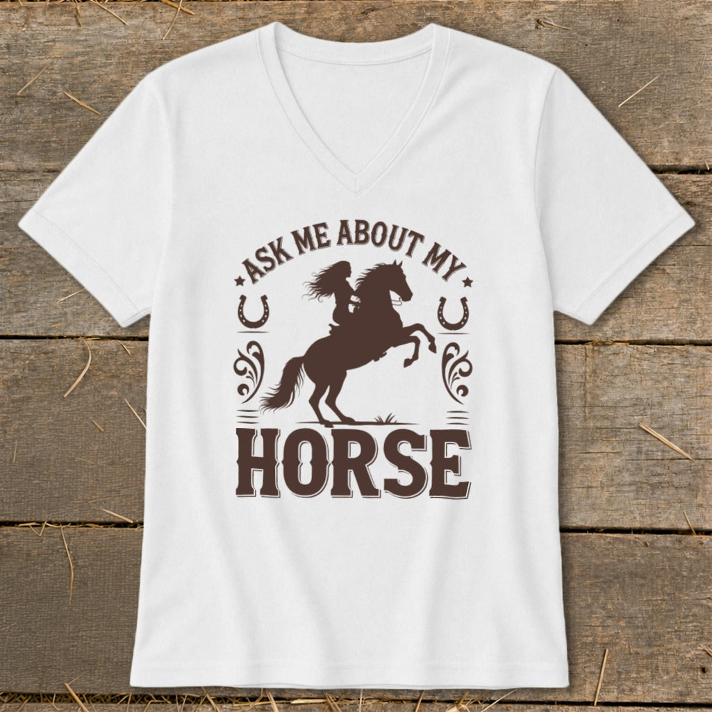 White v-neck t-shirt with brown graphic "Ask me about my horse" and rider silhouette.