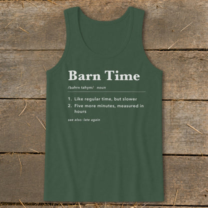 Green tank top with "Barn Time" definition in white text.
