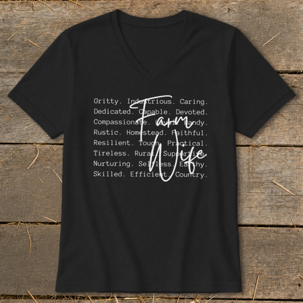 Black t-shirt with "Farm Wife" and descriptive words in white text.